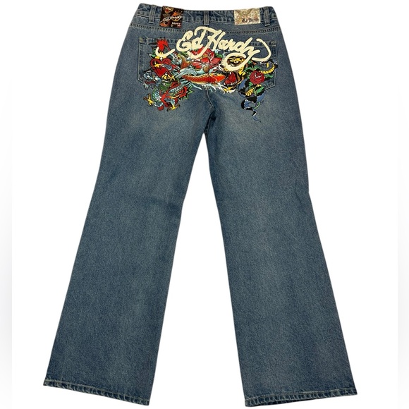 NEW Ed Hardy Tattoo Koi Baggy Jeans Y2K Paint Splatter Multicolor Womens Size 30 - Picture 2 of 16